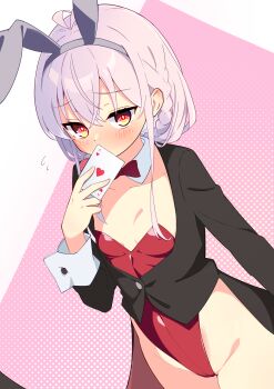 1girl absurdres ace_(playing_card) ace_of_hearts ahoge animal_ear_hairband animal_ears bare_legs black_jacket bow bowtie braid breasts card commentary_request covering_own_mouth detached_collar fake_animal_ears hairband heart highres jacket kotoyose_fumino leotard looking_at_viewer nukigee_mitai_na_shima_ni_sunderu_watashi_wa_dou_surya_ii_desu_ka? playboy_bunny playing_card purple_hair rabbit_ears red_bow red_bowtie red_eyes red_leotard revision short_hair side_braid single_braid small_breasts solo strapless strapless_leotard tailcoat_playboy_bunny user_vvxu5343 wrist_cuffs