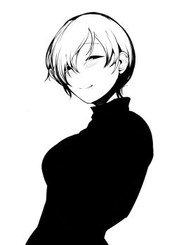 Rule 34 | 1girl, breasts, commentary request, empty eyes, from side, greyscale, looking at viewer, medium breasts, monochrome, original, sadahiro (chicken nugget gyuuniku aji), short hair, simple background, solo, sweater, turtleneck, turtleneck sweater, upper body, v