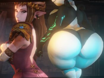 2girls 3d animated armor ass ass_focus blue_eyes breasts curvy female_focus from_behind huge_ass large_breasts long_hair looking_back midna multiple_girls n-nurico nintendo pauldrons pointy_ears princess_zelda shoulder_armor tagme the_legend_of_zelda the_legend_of_zelda:_twilight_princess thick_thighs thighs video wide_hips