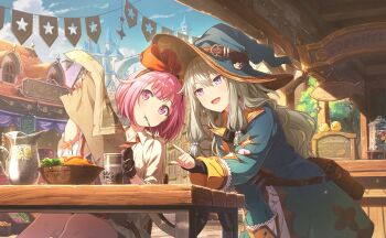 2girls atashi-tachi_no_happy_end_(project_sekai) baby_animal bird blue_hat blue_sky brown_bag brown_gloves castle chick collared_shirt colorful_palette fingerless_gloves food game_cg gloves green_hair hair_between_eyes hat highres holding holding_map ketchup kusanagi_nene long_hair low-tied_sidelocks map medium_hair multiple_girls official_alternate_costume official_art omelet omurice ootori_emu pink_eyes pink_hair pitcher_(container) project_sekai purple_eyes shirt sidelocks sky star_(symbol) third-party_source white_shirt