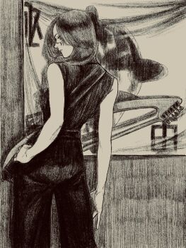 1girl black_hair black_pants cropped_legs facial_tattoo from_behind greyscale highres long_hair looking_to_the_side monochrome original pants sleeveless tattoo tp_p_pt