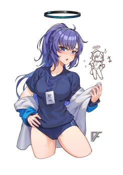 Rule 34 | 2girls, :o, black halo, black shirt, blue archive, blue buruma, blue eyes, blush, breasts, buruma, chibi, coat, collarbone, commentary request, cropped legs, dianfei4, gym uniform, halo, highres, lanyard, mechanical halo, medium breasts, multiple girls, official alternate costume, open mouth, ponytail, purple hair, shirt, short sleeves, simple background, star (symbol), star sticker, sticker, sticker on face, sweat, thighs, white background, white coat, yuuka (blue archive), yuuka (track) (blue archive)