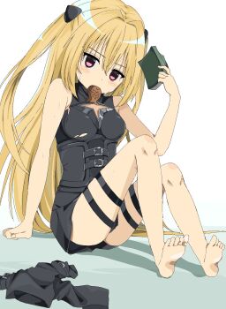 1girl bare_shoulders barefoot blonde_hair breasts food food_in_mouth hair_intakes hair_ornament hashtag-only_commentary highres holding konjiki_no_yami long_hair pink_eyes small_breasts solo taiyaki thigh_strap to_love-ru two_side_up uuuuua07 very_long_hair wagashi
