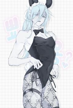 1boy absurdres ainchase_ishmael alternate_costume animal_ear_hairband animal_ears artist_name bare_arms black_bow black_bowtie black_leotard blue_eyes blue_hair bow bowtie commentary_request cowboy_shot crossdressing crossdressing_(mtf) detached_collar elsword empty_eyes fake_animal_ears fake_tail fishnet_pantyhose fishnets frilled_hairband frills grid_background hair_between_eyes hairband highleg highleg_leotard highres korean_commentary korean_text leotard long_hair looking_at_viewer male_focus male_playboy_bunny pale_skin pantyhose parted_lips playboy_bunny ponytail rabbit_ears rabbit_tail richter_(elsword) shaded_face simple_background smdxor_g solo strapless strapless_leotard tail text_background thigh_strap toned toned_male traditional_bowtie translation_request twitter_username very_long_hair wing_collar