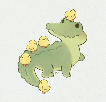 alligator animal_focus ayu_(mog) baby_animal bird chick commentary commentary_request crocodilian english_commentary mixed-language_commentary no_humans original signature simple_background solid_circle_eyes white_background
