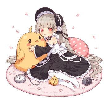 1girl azur_lane black_dress black_sleeves bonnet closed_mouth commentary detached_sleeves dress grey_hair little_formidable_(azur_lane) long_hair looking_at_viewer maid manjuu_(azur_lane) onyhakase pantyhose red_eyes sitting smile stuffed_toy twintails very_long_hair white_pantyhose yokozuwari