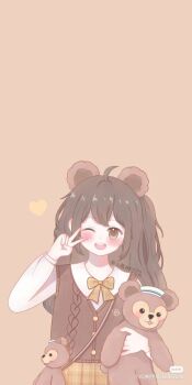 1girl animal_ears animification artist_request bear_ears bear_girl commentary_request duffy_and_friends duffy_the_disney_bear genderswap highres humanization long_hair long_sleeves looking_at_viewer non-web_source shirt smile solo source_request stuffed_animal stuffed_toy translation_request