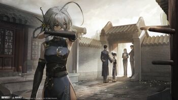 Rule 34 | 2boys, 3girls, absurdres, ahoge, architecture, arm up, bare shoulders, black arm warmers, black changpao, black dress, black hair, black jacket, black pants, black shoes, black suit, braid, braided hair rings, brick wall, changpao, china dress, chinese clothes, copyright name, copyright notice, crossed bangs, dress, east asian architecture, flats, formal clothes, grey pants, grey sky, hair between eyes, hair bun, hair rings, highres, jacket, jingui (xinyue tongxing), logo, long hair, longjing (xinyue tongxing), looking at another, low ponytail, mu ren zhuang, multiple boys, multiple girls, official art, official wallpaper, outdoors, overcast, pants, pants under dress, ponytail, shoes, sky, sleeveless, sleeveless dress, solo focus, standing, suit, suit jacket, sweat, tile floor, tiles, upper body, wiping sweat, xinyue tongxing, yellow eyes