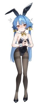 Rule 34 | 1girl, absurdres, animal ear hairband, animal ears, black leotard, black pantyhose, blue eyes, bow, bowtie, character request, choonbongwoori, detached collar, double bun, fake animal ears, full body, gold bowtie, hair bun, hairband, highres, indie virtual youtuber, leotard, pantyhose, playboy bunny, rabbit ears, red eyes, solo, strapless, strapless leotard, thighband pantyhose, twintails, virtual youtuber, white background, wrist cuffs