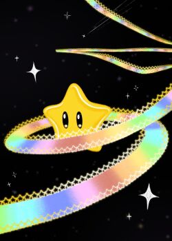 Rule 34 | absurdres, black background, bright pupils, cozykakapo, highres, mario (series), mario kart, mario kart 64, nintendo, no humans, rainbow, rainbow road, shooting star, space, sparkle, star (sky), star (symbol), super star (mario), white pupils