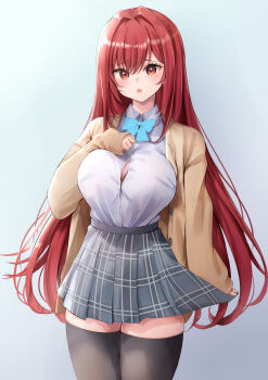 1girl :o absurdres black_thighhighs blue_bow blue_bowtie bow bowtie bra breasts button_gap cardigan clothes_lift collared_shirt cowboy_shot dress_shirt goddess_of_victory:_nikke grey_bra grey_skirt hair_intakes hand_on_own_chest highres kuwakuma large_breasts long_hair long_sleeves looking_at_viewer miniskirt open_cardigan open_clothes open_mouth plaid_clothes plaid_skirt pleated_skirt rapi_(nikke) red_eyes red_hair school_uniform shirt skirt skirt_lift sleeves_past_wrists solo thighhighs underwear very_long_hair white_shirt wing_collar yellow_cardigan zettai_ryouiki