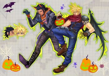 Rule 34 | 2boys, animal ears, armor, artist name, bat (animal), bat wings, belt, black belt, black boots, black collar, black gloves, black hair, black jacket, black wings, blonde hair, blue pants, blue sweater, blush stickers, boots, brown pants, brown shoes, bullet, cape, chibi, chibi inset, claw pose, claws, closed eyes, cloud strife, collar, dog ears, earrings, fake claws, final fantasy, final fantasy vii, final fantasy vii: ever crisis, fingerless gloves, full body, gloves, green outline, hair slicked back, halloween, highres, hood, hood down, hoodie, jack-o'-lantern, jacket, jewelry, kemonomimi mode, kingdom hearts, kingdom hearts i, kiss, kissing cheek, kittycatzovi, leather, leather jacket, light smile, lock, long hair, male focus, multiple belts, multiple boys, official alternate costume, orange hoodie, outline, padlock, padlocked collar, pants, pauldrons, red cape, shoes, short hair, shoulder armor, silk, single pauldron, single wing, sleeveless, sleeveless sweater, spider web, spiked hair, stud earrings, sweater, torn cape, torn clothes, walking, wings, zack fair, zack fair (black hound)