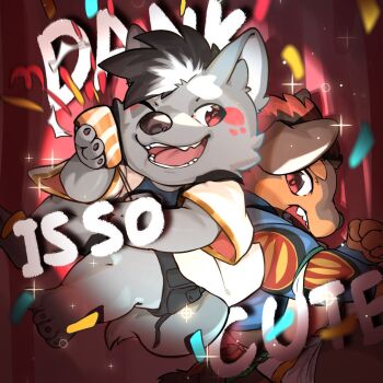 2boys animal_ears artist_self-insert black_hair brown_fur brown_hair chibi chinese_commentary commentary_request confetti dog_boy dog_ears dog_tail english_text furry furry_male grey_fur holding holding_party_popper jmeo1230 looking_at_another looking_at_viewer multicolored_hair multiple_boys one_eye_closed open_mouth original party_popper smile streaked_hair tail tayangsuyi_(xxl) xxl_woofia