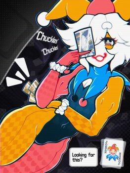 1boy abstract_background balatro black_eyes black_leotard blue_collar bulge card clown clown_boy clown_makeup club-shaped_pupils collar colored_skin commentary covered_navel english_commentary english_text eyeshadow feet_out_of_frame frilled_cuffs frills gloves hair_between_eyes hat heart heart_pattern heart_print highres holding holding_card hosses jester jester_boy jester_cap jimbo_(balatro) laughing leotard long_sleeves looking_at_viewer makeup male_focus mismatched_pupils multicolored_bodysuit open_mouth orange_eyeshadow orange_hat orange_pantyhose outline pantyhose pectoral_cleavage pectorals personification playing_card pom_pom_(clothes) puffy_long_sleeves puffy_sleeves red_hat red_lips red_pantyhose scrunchie short_hair smile solo spade-shaped_pupils trap two-tone_bodysuit two-tone_hat white_cuffs white_hair white_skin wrist_scrunchie