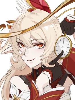 1girl alice_(genshin_impact) bare_shoulders black_gloves blonde_hair clock commentary genshin_impact gloves hair_between_eyes highres holding_clock long_hair looking_at_viewer meme pink_bird_(valsedefleurs) pointing pointy_ears red_eyes simple_background smile solo upper_body white_background white_rabbit_pointing_at_a_clock_(meme)