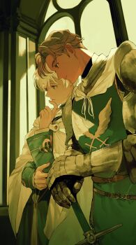 2boys armor belt belt_buckle blonde_hair blue_eyes blue_robe blue_tabard brown_belt buckle cloak closed_mouth couter crick_(octopath_traveler) finger_to_own_chin from_side gauntlets hair_between_eyes hand_on_own_elbow hand_up highres holding holding_sword holding_weapon indoors knight long_sleeves looking_ahead male_focus mikekado00 multiple_boys octopath_traveler octopath_traveler_ii own_hands_together parted_bangs pauldrons robe short_hair shoulder_armor side-by-side sword tabard temenos_mistral twitter_username weapon white_cloak white_hair wide_sleeves window