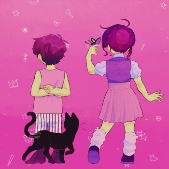 2023 alternate_costume alternate_skin_color alternate_universe artist_name black_shoes black_socks bug butterfly butterfly_on_hand cat collared_shirt commentary english_commentary highres insect invisible_floor leg_warmers madnopost mari_(headspace)_(omori) mari_(omori) mewo omariposa omori omori_(omori) pink_skirt pink_tank_top pleated_skirt purple_hair purple_sweater_vest shirt shoes shorts skirt socks standing striped_clothes striped_shorts sweater_vest tank_top vertical-striped_clothes vertical-striped_shorts white_leg_warmers white_shirt white_shorts
