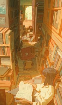 2boys 2girls ^_^ absurdres against_bookshelf antlers black_hair blonde_hair blunt_bangs book bookshelf closed_eyes collared_shirt cross george_park hat highres holding holding_book horns library medium_hair multiple_boys multiple_girls nami_(one_piece) nico_robin nico_robin_(alabasta) one_piece orange_hair pink_hat reindeer reindeer_antlers sanji_(one_piece) shirt sunset tony_tony_chopper white_shirt