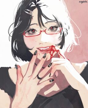 Rule 34 | 1girl, absurdres, angela he, artist name, biting own finger, black hair, black nails, black shirt, blood, blood in mouth, blood on hands, commentary, cross, english commentary, fang, fingernails, glasses, grey eyes, hair ornament, hairclip, highres, jewelry, licking blood, licking own finger, looking at viewer, mole, original, pink background, portrait, red-framed eyewear, ring, semi-rimless eyewear, shirt, short hair, sidelighting, smile, solo, star-shaped pupils, star (symbol), symbol-shaped pupils, two-tone background, under-rim eyewear, white background