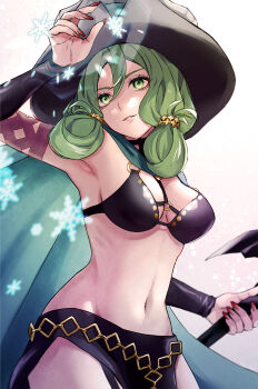 1girl arm_up breasts bridal_gauntlets cleavage cloak clothing_cutout commentary_request cryokinesis eyelashes fake_horns fantasy green_cloak green_eyes green_hair hair_between_eyes hat highres hip_vent holding holding_staff horned_headwear horns light_smile long_hair looking_at_viewer medium_breasts nail_polish navel o-ring o-ring_strap red_nails ribs side_slit snowflakes solo staff toka_c11m unicorn_overlord upper_body white_background witch_hat yahna_(unicorn_overlord)