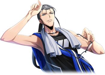 1boy arm_up armpits artist_request bangs_pinned_back bare_shoulders black-framed_eyewear black_choker black_hair black_shirt blue_eyes blue_jacket choker code_geass code_geass:_lost_stories cropped_torso dutch_angle game_cg gilbert_g.p._guilford hairband half-closed_eyes hand_up highres holding holding_removed_eyewear jacket jacket_over_shoulder long_hair looking_afar male_focus non-web_source official_art parted_lips ponytail semi-rimless_eyewear shiny_skin shirt simple_background sleeveless sleeveless_shirt solo sportswear standing sweat toned towel towel_around_neck transparent_background unworn_eyewear unworn_jacket upper_body white_hairband