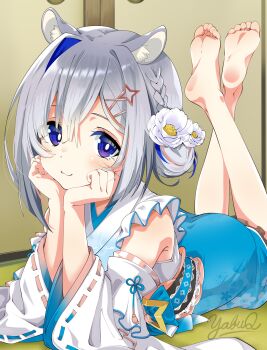 1girl amane_kanata animal_ears barefoot blush feet grey_hair highres hololive looking_at_viewer lying medium_hair on_stomach purple_eyes smile soles the_pose toes yabu_q