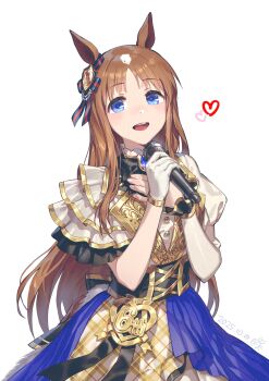 1girl :d animal_ears black_bow blue_dress blue_eyes bow brown_hair commentary_request cowboy_shot dated dress ear_bow gloves grass_wonder_(umamusume) hand_on_own_chest heart highres holding holding_microphone horse_ears horse_girl horse_tail layered_dress long_hair looking_at_viewer microphone music okada_manabi open_mouth parted_bangs plaid_clothes plaid_dress puffy_short_sleeves puffy_sleeves short_sleeves simple_background singing smile solo striped_bow tail teeth two-tone_dress umamusume upper_teeth_only very_long_hair white_background white_dress white_gloves