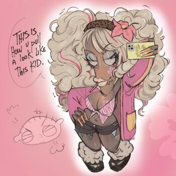 1boy alien american_dad! animal_print black_shorts blonde_hair blue_eyeshadow breast_tattoo breasts brown_hairband cigarette commentary crossdressing crossdressing_(mtf) english_commentary english_text eyeshadow facial_tattoo family_guy flower gyaru hairband highres holding holding_phone jacket leopard_print long_hair makeup male_focus male_with_breasts medium_breasts navel_piercing nikokoro phone piercing pink_flower pink_jacket pink_streaks pink_tattoo roger_smith selfie short_shorts shorts smoking speech_bubble stewie_griffin tattoo