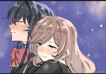 2girls black_hair black_jacket blush bow bowtie brown_eyes brown_hair closed_eyes closed_mouth commentary_request eishin29 highres hug hug_from_behind jacket koto_satsuki letterboxed long_hair multiple_girls outdoors red_bow red_bowtie school_uniform sena_ajisai smile watashi_ga_koibito_ni_nareru_wake_naijan_murimuri! yuri