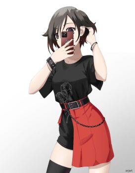 1girl ar_jart black_hair breasts cellphone chain medium_breasts medium_skirt phone red_skirt ruby_rose rwby short_hair shorts skirt taking_picture