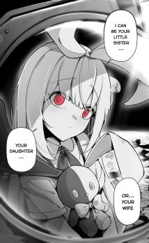 Rule 34 | 1girl, absurdres, bow, closed mouth, clover dot (clov erd), collared shirt, commentary, dot mouth, empty eyes, english commentary, english text, greyscale, hair bow, highres, long hair, looking at viewer, monochrome, on moon, original, pov, red eyes, ringed eyes, shirt, short sleeves, solo, space, speech bubble, spot color, stuffed animal, stuffed rabbit, stuffed toy, tareme, upper body