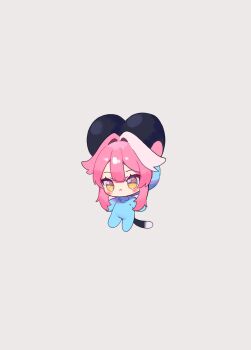 1girl :&lt; absurdres animal_ears blue_pajamas chibi chibi_only closed_mouth commentary english_commentary full_body grey_background hair_between_eyes hair_intakes highres hololive hololive_english long_hair negative_space onesie pajamas panther_ears panther_girl panther_tail pink_hair raora_panthera raora_panthera_(artist) sidelocks simple_background solo standing tail virtual_youtuber white_hair yellow_eyes