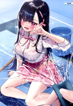 1girl 1other absurdres artist_name barbell_piercing black_hair blush bow bowtie bra bra_visible_through_clothes bracelet breasts bucket bucket_of_water collared_shirt dengeki_moeoh ear_blush ear_piercing fang feet_out_of_frame fingernails hair_ornament hairband hand_up highres holding holding_hose hose industrial_piercing jewelry large_breasts long_hair long_sleeves looking_at_viewer magazine_scan miniskirt on_floor open_mouth original page_number parted_bangs piercing pink_bow pink_bowtie pink_bra pink_eyes pink_hairband pink_skirt plaid_clothes plaid_skirt pleated_skirt scan school_uniform shirt sidelocks sitting skirt sleeves_rolled_up third-party_source underwear water wet wet_clothes wet_shirt white_shirt x_hair_ornament yokozuwari yuuyu_(moco20111115)