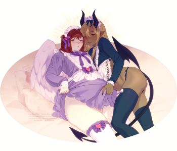 1futa 1girl :o angel_and_devil angel_wings apron artist_name between_legs black_nails black_thighhighs blonde_hair blush brown_eyes bulge dark-skinned_female dark_skin demon demon_girl demon_tail demon_wings embarrassed erection erection_under_clothes fang frilled_skirt frills futa_with_female futanari hand_on_another's_head happy highres leg_between_thighs legs long_hair long_sleeves looking_at_viewer lying maid maid_apron maid_headdress medium_hair no_panties one_eye_closed original parted_bangs penis_under_clothing pillow pink_eyes plump pointy_ears raised_eyebrows red_hair ribbon roarke_(lavenderincubus) sidelocks skirt tail tail_between_legs teasing thighhighs thighs through_clothes white_ribbon white_thighhighs wings