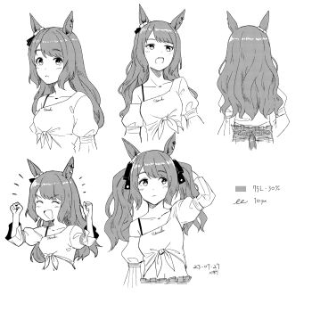 1girl :d :o alternate_hairstyle animal_ears arm_behind_head bra_strap clenched_hands closed_eyes commentary_request cropped_arms cropped_torso dated dot_nose ear_ornament ear_piercing frills from_behind from_side greyscale hair_ribbon hands_up highres horse_ears horse_girl horse_tail kawashina_(momen_silicon) long_hair looking_at_viewer looking_to_the_side midriff monochrome multiple_expressions multiple_views notice_lines open_mouth parted_lips piercing ribbon shirt sideways_glance signature simple_background single_bare_shoulder smile straight-on swept_bangs tail tied_shirt tosen_jordan_(casual)_(umamusume) tosen_jordan_(umamusume) umamusume v-shaped_eyebrows wavy_hair white_background