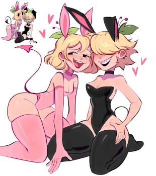 2girls animal_ears black_eyes black_lips black_thighhighs blonde_hair breasts cherri_saurio cleavage commentary_request demon_tail earrings hair_over_eyes half-closed_eyes highres inset jewelry kneeling leaf lipstick makeup medium_breasts medium_hair multiple_earrings multiple_girls original pear-shaped_figure pink_thighhighs playboy_bunny rabbit_ears rabbit_tail redrawn seiza sharp_teeth sitting small_breasts spanish_commentary tail teeth thick_thighs thighhighs thighs wide_hips