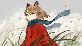 Rule 34 | 1girl, animal ear fluff, animal ears, blue scarf, brown eyes, brown hair, closed mouth, cloud, coat, commentary, expressionless, floating clothes, fox ears, fox girl, grass, grey background, long sleeves, original, outdoors, red coat, scarf, short hair, solo, tall grass, tooruruuu, wind