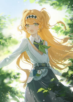 1girl :d absurdres argyle_clothes argyle_hairband black_skirt blue_sky braid braided_sidelock collared_shirt compass floating_hair green_eyes green_neckerchief highres long_hair looking_at_viewer neckerchief official_alternate_costume open_mouth orange_hair outdoors reverse:1999 shirt skirt sky smile solo sonetto_(reverse:1999) tree two_side_up upper_body white_shirt yukiri_(l_ii)