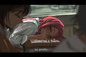 Rule 34 | 1other, 2girls, 349am, alien stage, black hair, brown eyes, closed eyes, closed mouth, commentary, desk, dress, english commentary, glasses, hair ornament, hairclip, highres, holding, holding pen, letterboxed, long hair, lying, mizi (alien stage), multiple girls, on desk, pen, pink hair, school desk, school uniform, shirt, sitting, sua (alien stage), white shirt, yuri