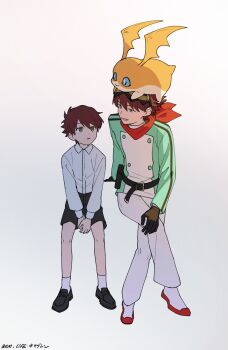 2boys aged_down black_gloves black_shorts brown_hair digimon digimon_(creature) digimon_story:_time_stranger full_body gloves goggles goggles_on_head green_jacket highres invisible_chair jacket male_focus multiple_boys pants patamon red_scarf scarf shirt short_hair shorts simple_background sitting time_paradox white_background white_jacket white_pants white_shirt yuu_(pixiv3042074) yuuki_dan