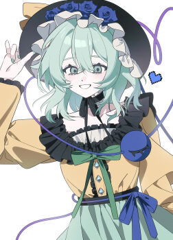 1girl absurdres black_hat black_ribbon blue_flower blue_ribbon blue_rose buttons commentary diamond_button eyeball flower frilled_hat frilled_shirt_collar frilled_sleeves frills green_eyes green_hair green_nails green_ribbon green_skirt hat hat_ribbon heart highres kiliko-san komeiji_koishi long_sleeves puffy_long_sleeves puffy_sleeves ribbon rose shirt short_sleeves skirt smile solo third_eye touhou white_background wide_sleeves yellow_ribbon yellow_shirt