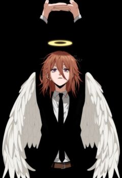 1boy androgynous angel_devil_(chainsaw_man) angel_wings belt black_background black_jacket black_necktie black_pants black_suit blending brown_belt chainsaw_man collared_shirt double-parted_bangs formal_clothes hair_between_eyes halo highres jacket looking_up male_focus medium_hair necktie orange_hair pants parted_lips red_eyes shirt simple_background solo stretching suit upper_body white_shirt white_wings wings yorozuya37