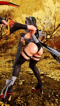 1girl 3d apron ass black_hair black_leotard breasts butt_crack curvy forest highleg highleg_leotard highres huge_ass iroha_(samurai_spirits) large_breasts leotard lips maid maid_headdress nature ryona samurai_spirits screencap shiny_skin short_hair sideboob skindentation solo thighhighs third-party_edit thong_leotard white_apron wide_hips
