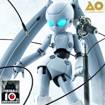 1girl 3d blue_eyes colored_skin disney drossel_von_flugel fireball_(series) glowing glowing_eyes highres humanoid_robot joints metal_skin microphone no_mouth official_art robot robot_girl robot_joints solo twintails white_skin