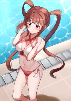 1girl absurdres bikini blunt_bangs breasts brown_eyes brown_hair cleavage commentary_request criss-cross_halter feet_out_of_frame from_above halterneck highres idolmaster idolmaster_million_live! long_hair matsuda_arisa medium_breasts mismatched_bikini poolside red_bikini side-tie_bikini_bottom solo swimsuit tanukiinu005 twintails