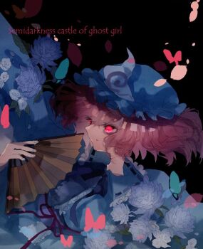 1girl black_background blue_flower blue_hat blue_kimono closed_mouth commentary_request english_text engrish_text expressionless flower folding_fan frilled_kimono frills hand_fan hat holding holding_fan japanese_clothes kimono looking_afar mob_cap one-hour_drawing_challenge pink_hair ranguage red_eyes saigyouji_yuyuko shinjitsu_no_kuchi short_hair simple_background solo touhou triangular_headpiece upper_body