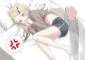 1girl 1other anger_vein bed bed_sheet black_shorts blonde_hair brown_shirt clothes_lift colored_eyelashes commentary_request covering_own_mouth disembodied_hand dolphin_shorts earrings gakuen_idolmaster giggling gradient_hair grey_hair hair_ornament hairclip hands_up highres holding holding_sheet idolmaster jewelry long_hair long_sleeves looking_at_viewer lying multicolored_hair on_side open_mouth orange_eyes pillow producer_(idolmaster) shinosawa_hiro shiro_(white_l0l_46) shirt shirt_lift shorts solo_focus spoken_anger_vein stifled_laugh stud_earrings