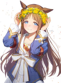 animal_ears blue_eyes blue_shirt blush brown_hair dot_nose falling_petals flower grass_wonder_(umamusume) hands_up hashtag-only_commentary head_wreath highres horse_ears horse_girl long_hair long_sidelocks long_sleeves looking_at_viewer nyum petals sailor_collar shirt sidelocks simple_background smile standing straight_hair tareme translation_request umamusume upper_body white_background white_sailor_collar yellow_flower