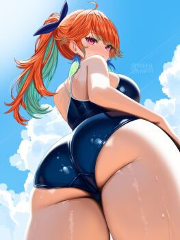 1girl ahoge alternate_costume ass ass_focus blue_one-piece_swimsuit blue_sky blush breasts cloud cloudy_sky colored_inner_hair commentary curvy earrings feather_earrings feathers from_below green_hair hair_ribbon highres hololive hololive_english jewelry large_breasts long_hair mafukkoin multicolored_hair one-piece_swimsuit orange_hair outdoors ponytail ribbon shiny_clothes sideboob sky solo swept_bangs swimsuit takanashi_kiara thick_thighs thighs turning_head two-tone_hair virtual_youtuber