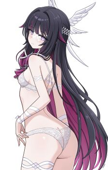 1girl absurdres ass black_hair blush bra breasts colored_inner_hair columbina_(genshin_impact) commentary cowboy_shot eye_mask from_behind genshin_impact head_wings highres lace lace_panties long_hair looking_at_viewer mask multicolored_hair panties purple_eyes purple_hair simple_background small_breasts smile solo suoniko underwear underwear_only unusually_open_eyes white_background white_bra white_panties white_wings wings